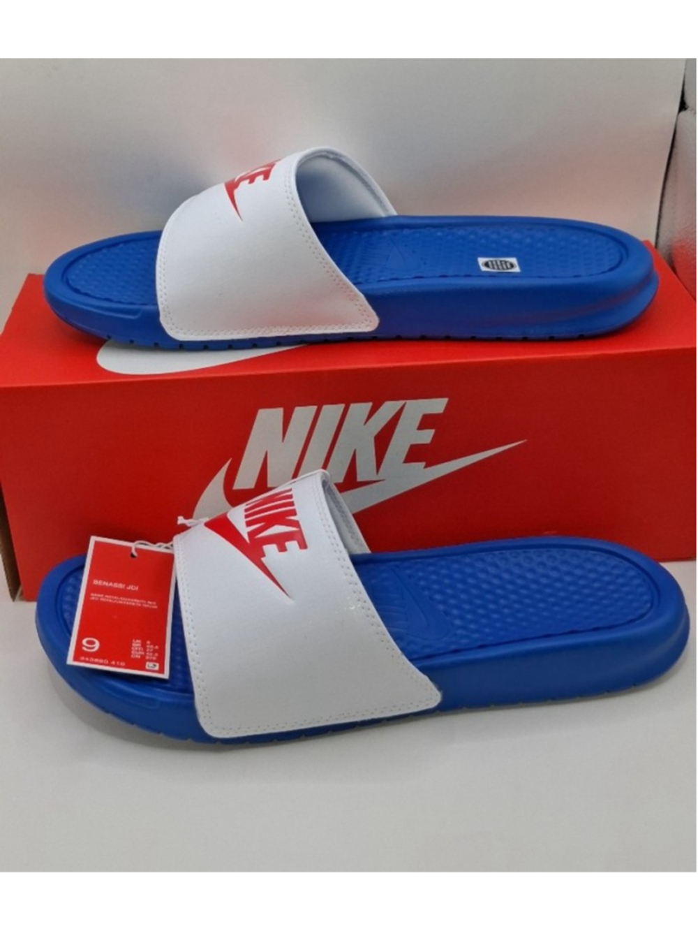 Nike Benassi JDI Sandals Mens Blue White Red Slip On 343880 410 SZ 9US,  SZ 8UK